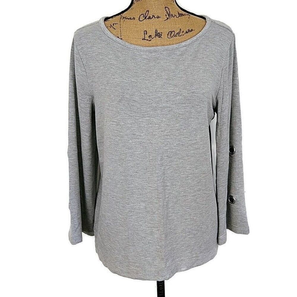 Ann Taylor Womens sz M Top Gray Long Bell Sleeve Eyelet Detail Wide Neck